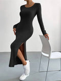 Sweetkama - Solid Color Long Sleeves Round Neck Dress