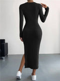 Sweetkama - Solid Color Long Sleeves Round Neck Dress