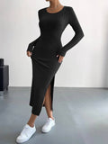 Sweetkama - Solid Color Long Sleeves Round Neck Dress