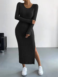 Sweetkama - Solid Color Long Sleeves Round Neck Dress