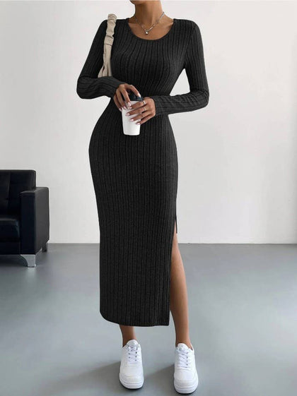 Sweetkama - Solid Color Long Sleeves Round Neck Dress